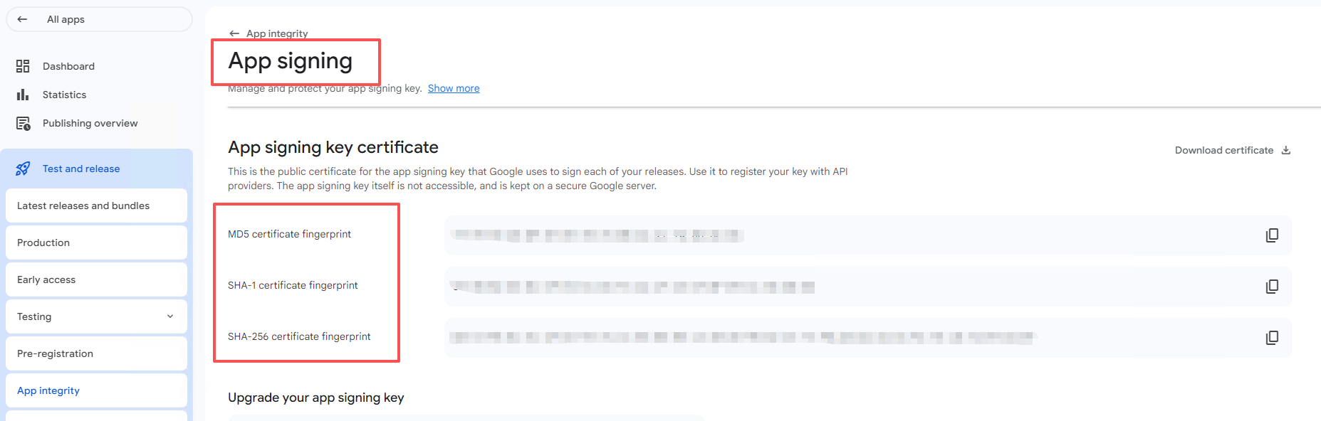 App signing SHA-1 fingerprint